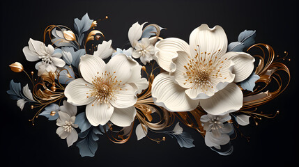 3d digital flowers on a dark background,,
A gold and white floral arrangement with flowers and pearls