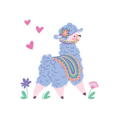 Cute happy alpaca, cartoon vector illustration isolated on white background