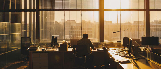 Early riser at work, silhouetted against a golden sunrise, starts the day in a serene, empty office - obrazy, fototapety, plakaty