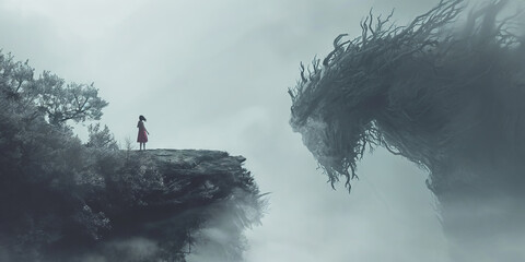 Enigmatic Encounter: Young Girl Facing a Mythical Forest Creature in the Mist