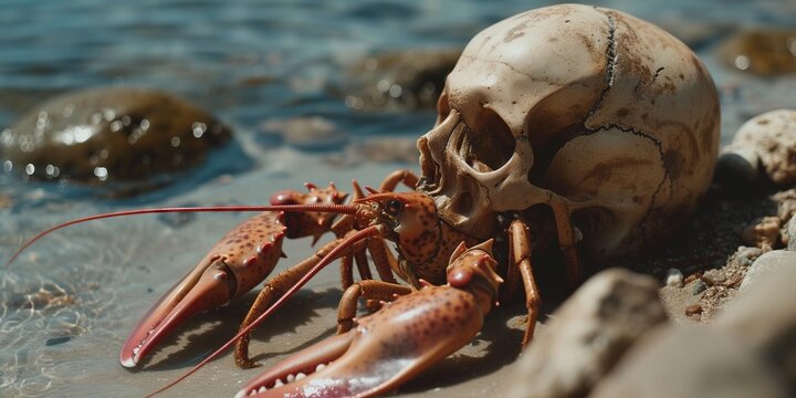 Surreal Maritime Encounter: Lobster Emerges from Human Skull by the Seashore
