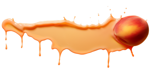 Abstract peach fuzz color with apricot fruit, acrylic paint flowing down, isolated on transparent background, dripping colorful liquid texture. Digital art png, color of the year 2024