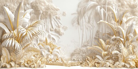 Golden and White Baroque-Rococo Style Jungle Elegance - obrazy, fototapety, plakaty