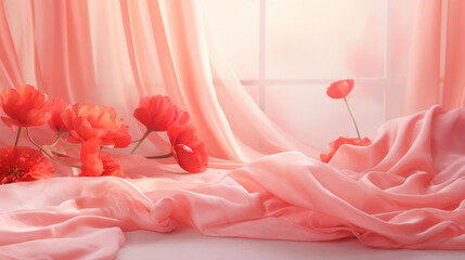 Delicate red poppies on soft pink satin fabric illuminated by gentle window light.