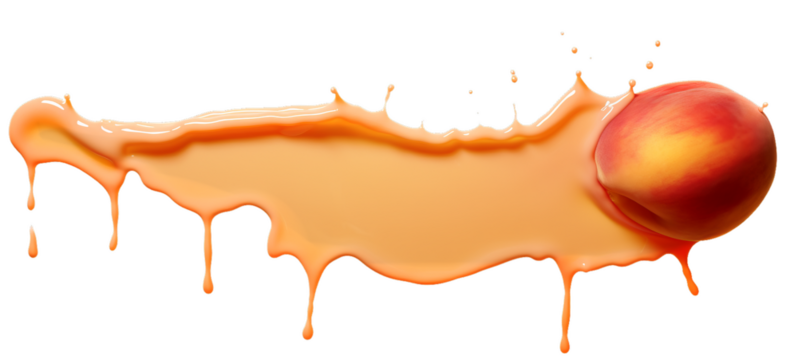 Abstract peach fuzz color with apricot fruit, acrylic paint flowing down, isolated on transparent background, dripping colorful liquid texture. Digital art png, color of the year 2024 - Powered by Adobe