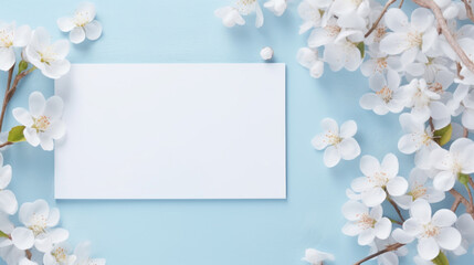 White spring blossoms surrounding a blank card on a bright blue background, perfect for messages.