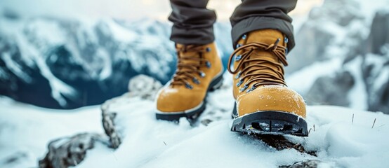 Trudging through the snowy mountains, a person's feet are snugly encased in sturdy snow boots, braving the freezing temperatures for an adventurous winter hike - obrazy, fototapety, plakaty