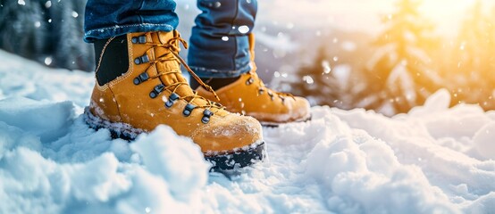 A person's feet stay warm and stylish in their yellow snow boots while braving the winter wonderland outdoors - obrazy, fototapety, plakaty