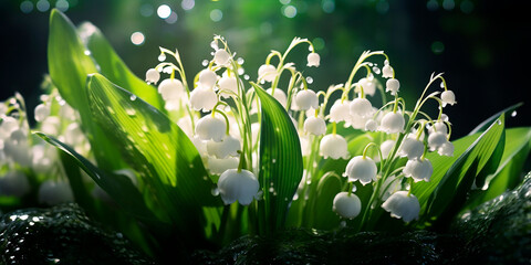 Photorealistic image of white lily of the valley flowers.