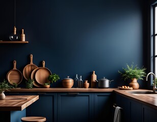 Mur bleu de cuisine sobre et moderne