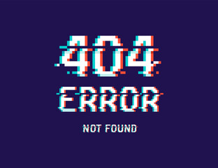 Error 404 with glitch effect pixel graphics web banner. Pixel Error 404 page not found on screen. Glitch effect 8-bit pixel sign. Vector template	