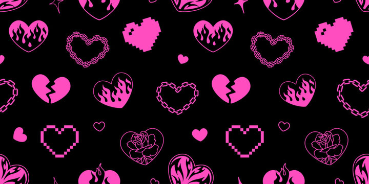 Pink Gothic hearts in 2000s style seamless pattern. Emo goth tattoo flamed hearts on black background. Chain hearts and barbed wire hearts vector decor elements for print fabric and textile design