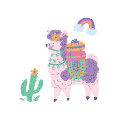Cute alpaca carrying pillows design with rainbow and cactus.