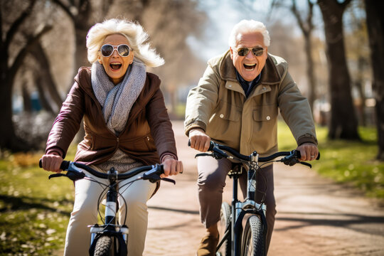 Youthful and playful happy senior old couple enjoy outdoor leisure activity riding bikes in spring cherry blossom park. Elderly Man woman in healthy active lifestyle. Retired people using bicycle
