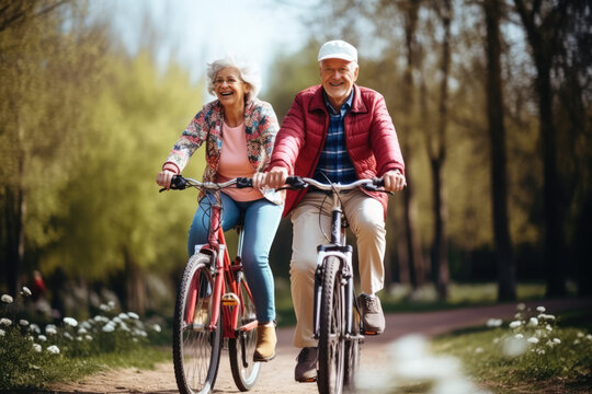 Youthful and playful happy senior old couple enjoy outdoor leisure activity riding bikes in spring cherry blossom park. Elderly Man woman in healthy active lifestyle. Retired people using bicycle