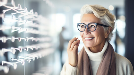 Elderly woman choosing reading glasses in optical shop - obrazy, fototapety, plakaty