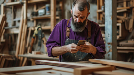 Woodworker's Pause: Checking the Phone - obrazy, fototapety, plakaty