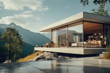 Fototapeta premium modern stylish trendy house in the mountains on a sunny day fashionable design panoramic windows beautiful landscape