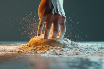 hands kneading dough, creating a mesmerizing ballet of flour and motion
