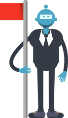 Robot Worker Character Holding Flag Pole
