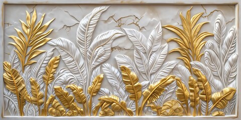Luxurious Golden and White Jungle Plants Embroidery Design - Elegant Flora Stitchwork Artistry