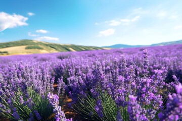 Lavender field on a summer day. Blooming lavender flowers. Nature background