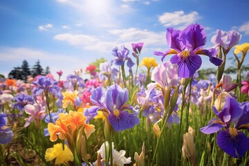 Colorful iris flowers blooming in the garden with blue sky