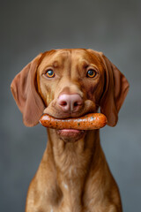 A delightful moment is frozen in time as a  Vizsla holds a sausage with playful precision, exuding an irresistible combination of canine charm and culinary temptation.
