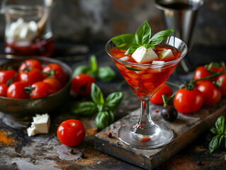 Alcoholic drink Caprese Martini in a beautiful glass. Caesar cocktail, tomatoes, basil, vodka, cheese. Photorealistic, background with bokeh effect. 