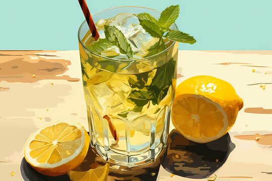 A refreshing glass of lemonade, garnished with a sprig of mint and served over ice cubes on a sunny day.