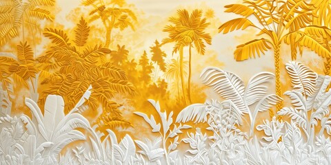 Fototapeta na wymiar Exquisite Golden and White Jungle Embroidery Pattern