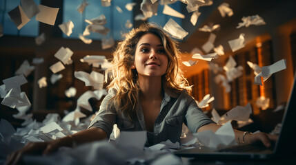 Young businesswoman throws paper document pages