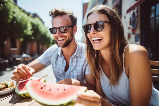 A young couple eats watermelon in tourist town on vacation.