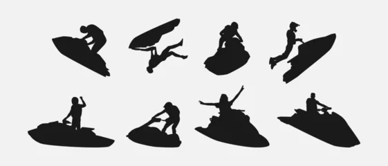 Tuinposter jet ski silhouette collection set. sport, race, vehicle, vacation concept. different actions, poses. monochrome vector illustration. © Irkhamsterstock