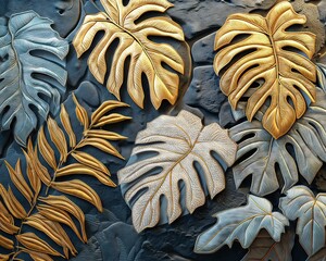 Golden Jungle Splendor: Full-Screen Sized White and Gold Embroidery of Tropical Plants