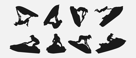 jet ski silhouette collection set. sport, race, vehicle, vacation concept. different actions, poses. monochrome vector illustration.