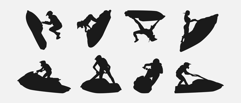 jet ski silhouette collection set. sport, race, vehicle, vacation concept. different actions, poses. monochrome vector illustration.