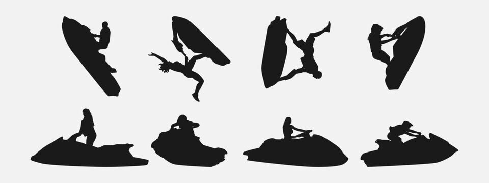 jet ski silhouette collection set. sport, race, vehicle, vacation concept. different actions, poses. monochrome vector illustration.