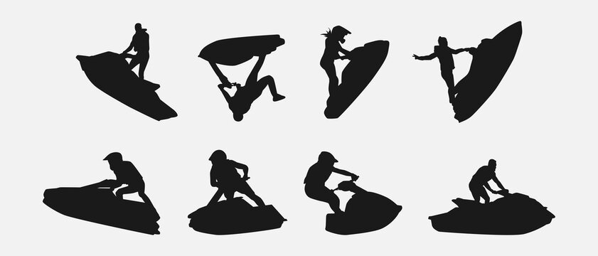 jet ski silhouette collection set. sport, race, vehicle, vacation concept. different actions, poses. monochrome vector illustration.