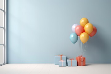 colorful balloons with gifts on a gray background