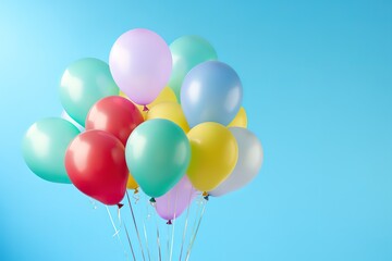 colorful balloons on a blue background, with space for text