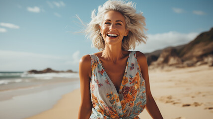 Laughing vivacious blond woman with a sense of humour standing on a tropical beach with copy space - obrazy, fototapety, plakaty