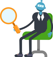 Robot Worker Character Sitting and Holding Magnifier
