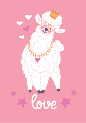 Obraz premium Cute alpaca in love, card with cartoon style vector illustration