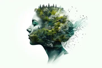 Tuinposter Double exposure of a girl's face in profile and forests with mountains and lakes. Ecology. © P