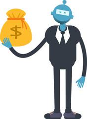 Robot Worker Character Holding Dollar Sack
