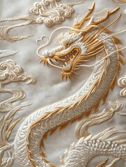 Exquisite White and Gold Dragon Embroidery Design - Hyper-Detailed Light Beige Textile Pattern