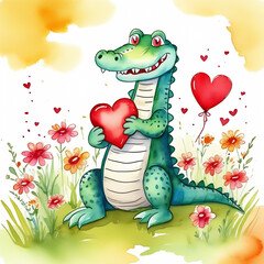 Funny watercolor enamored crocodile. Romantic alligator holding big red heart in his hands. Cute valentine cartoon style painting.
