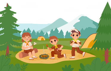 Scout kids by bonfire. Children in uniform grilling marshmallows outdoors in forest. Boy carrying firewood and matches
