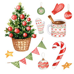 Watercolor set of Christmas hand drawn elements.